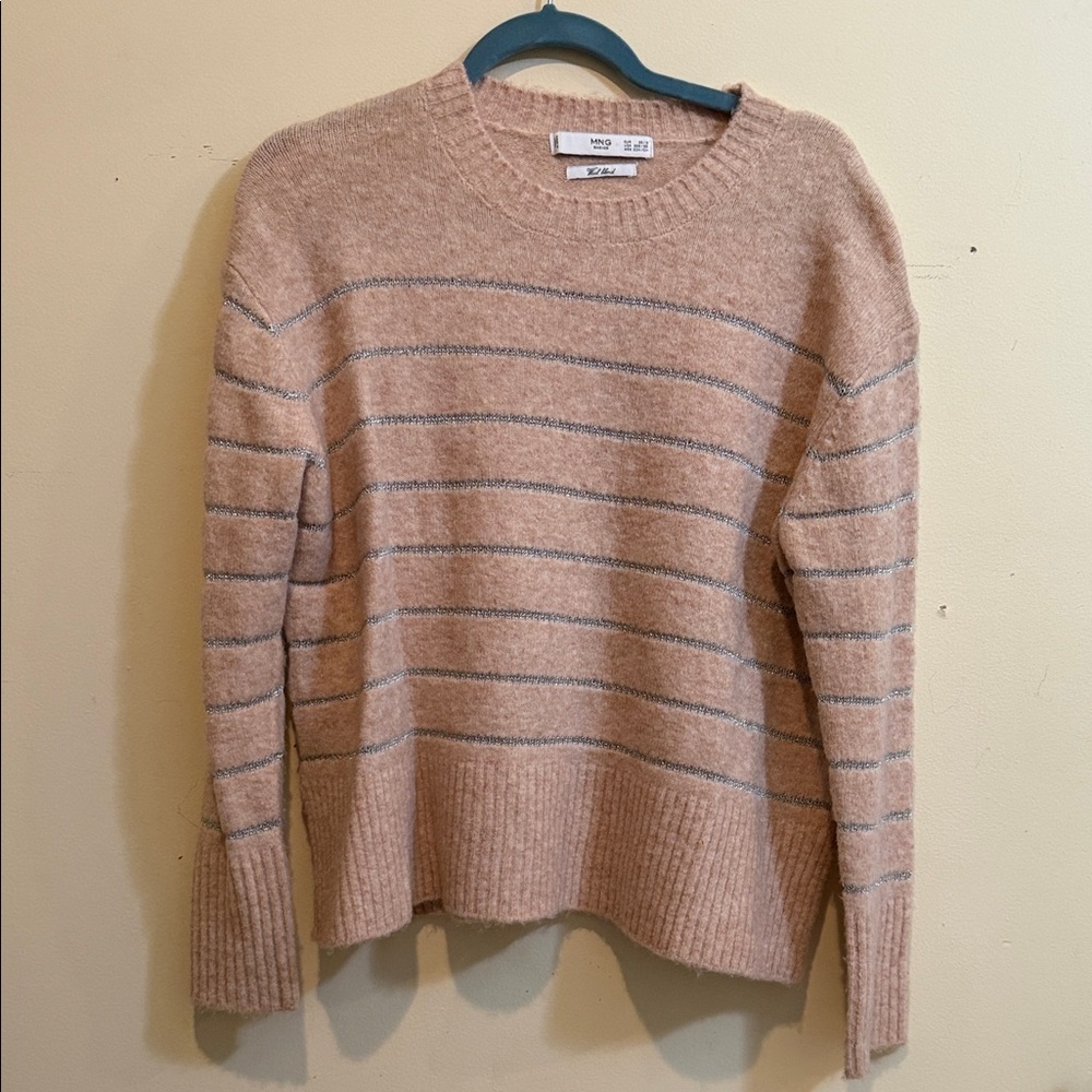 Mango Blush Pink Crewneck Sweater with Gray Stripes